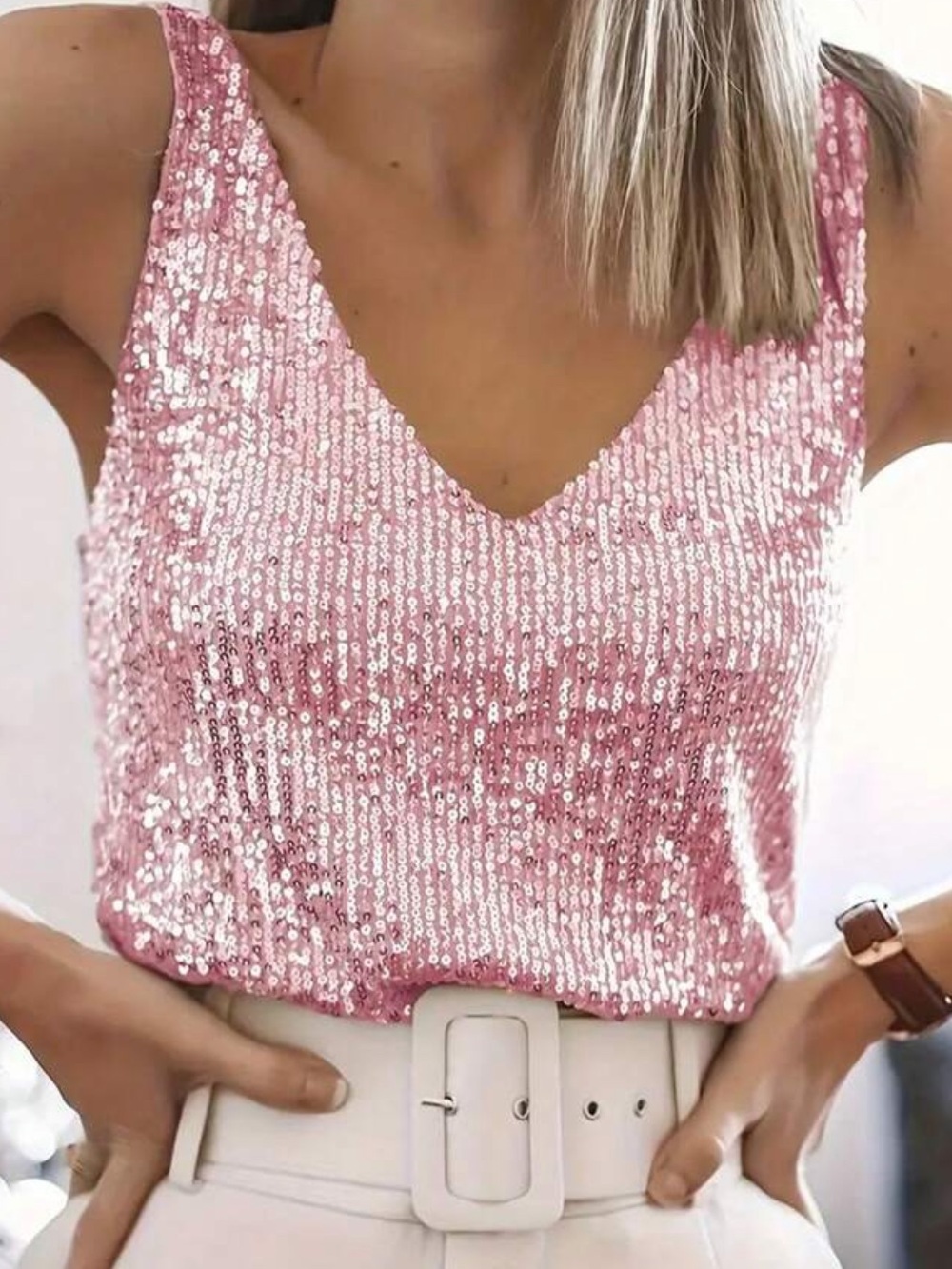 Sequin V-Neck Sleeveless Tank Top, Elegant Tank Top For Spring And Summer Casual
